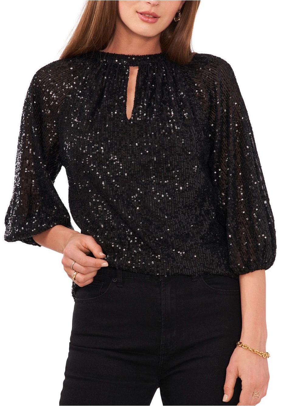 Women's Sequin Keyhole Detail Raglan Sleeve Top, Sz. Large